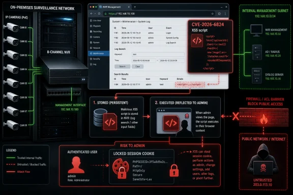Diagram of an on-premises surveillance system showing an XSS attack exploiting an admin NVR management page.