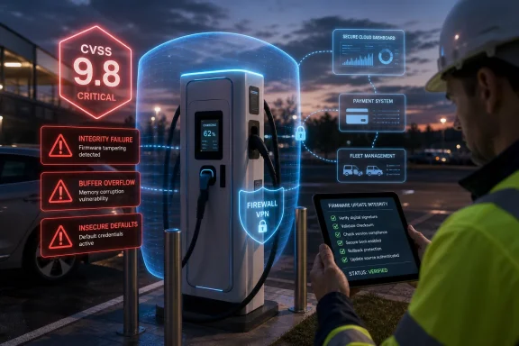 Electric vehicle charging station with security alerts and a verified firmware integrity dashboard.