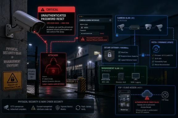 Surveillance gate with cybersecurity alert overlays showing critical unauthorized camera password reset risk.