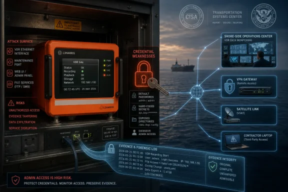 Cybersecurity dashboard shows VDR monitoring, credential weaknesses, and network access nodes by a seaside vessel.
