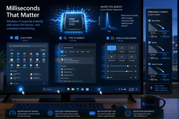 Promotional graphic for Intel Core on Windows 11, highlighting millisecond CPU burst response and lower latency.
