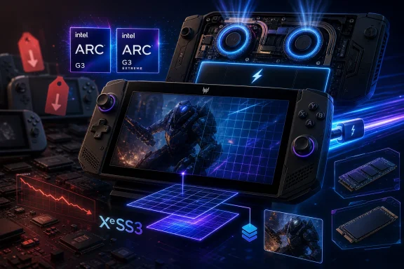Gaming handheld with illuminated blue internals, Intel ARC G3 branding, XeSS3 and VRAM graphics on a tech backdrop.