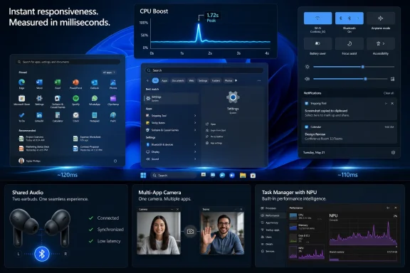 Windows UI dashboard with CPU Boost, settings, notifications, and audio/camera/performance panels.