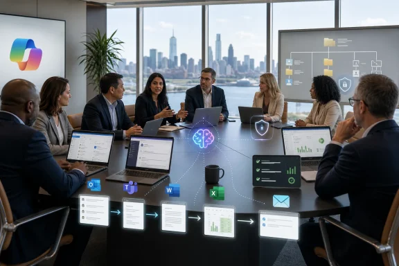 Business meeting in a modern conference room with digital workflow and AI security icons overlay.