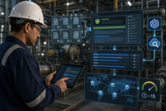 Engineer in a factory helmet reviews cloud-style documents and data analytics on a tablet with AI interface overlays.