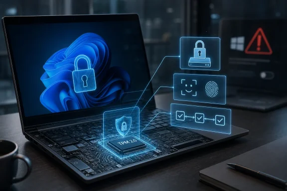 Laptop cybersecurity concept with lock icons, TPM 2.0 chip, and secure access alerts.