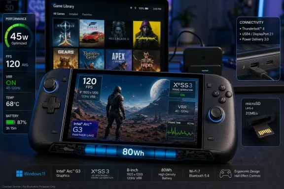 Gaming handheld display shows “120 FPS” performance with VRR and XeSS 3 enabled, plus connectivity and performance stats.