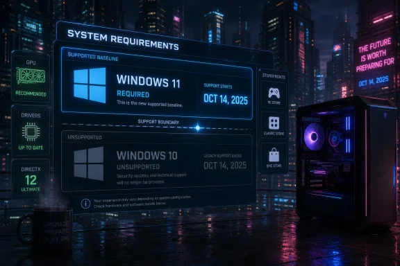 Futuristic system requirements graphic for Windows 11 in a neon city with gaming PC on the right.