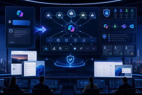 Futuristic cybersecurity dashboard with glowing network nodes and shield icons in a control room.