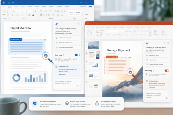 Screenshot collage showing Copilot “section scope” guidance within a presentation editor.