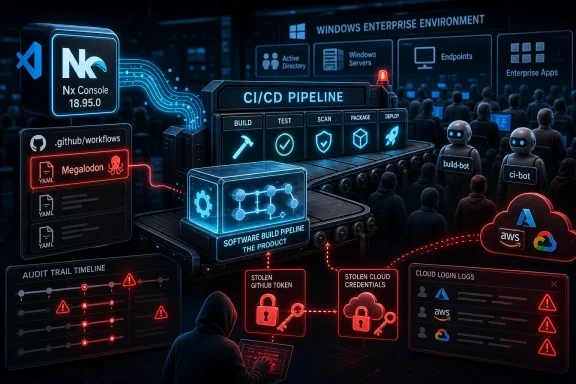 Cybersecurity-themed CI/CD pipeline dashboard with bots, AWS clouds, and warnings in a futuristic server room.