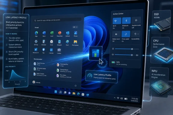 Laptop screen shows Windows 11-style action center and low-latency CPU profile with glowing system tiles.