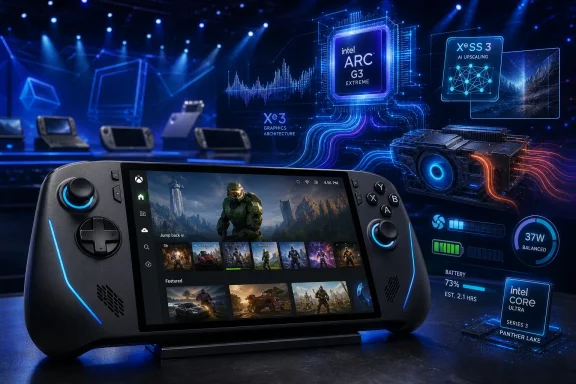 Futuristic gaming handheld console with RGB controls beside Intel ARC/Xe graphics tech visuals.