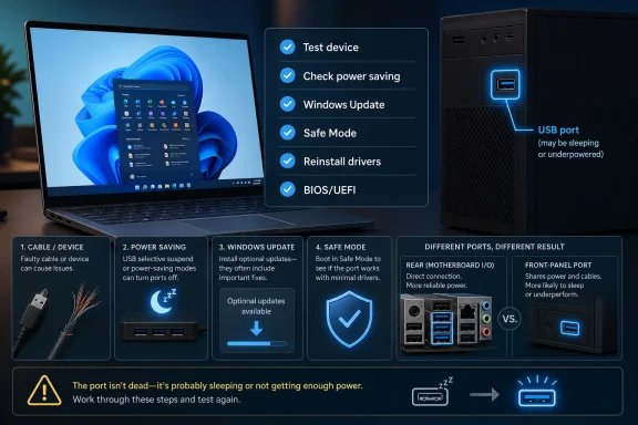 Diagram showing troubleshooting a sleeping/undepowered USB port next to a PC setup and checklist steps.
