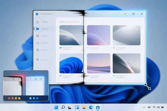 Open window UI with blue Windows-style interface showing a gallery of images and icons on a blurred blue background.