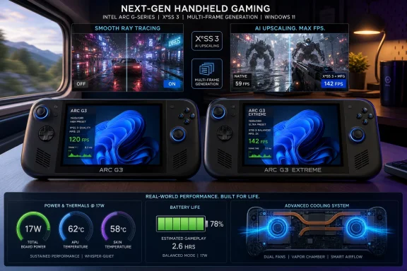 Two handheld gaming consoles on a desk with promo graphics showing ray tracing and high FPS performance.