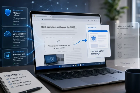 Laptop screen shows blocked/redirected malware content with security protection panels and antivirus warning overlays.