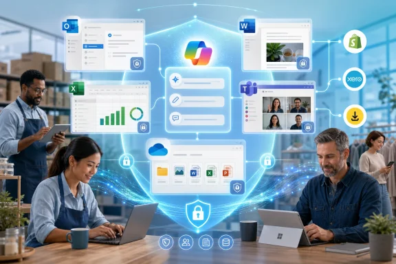 Team collaborates at a table with secure cloud and document apps shown in a futuristic holographic interface.
