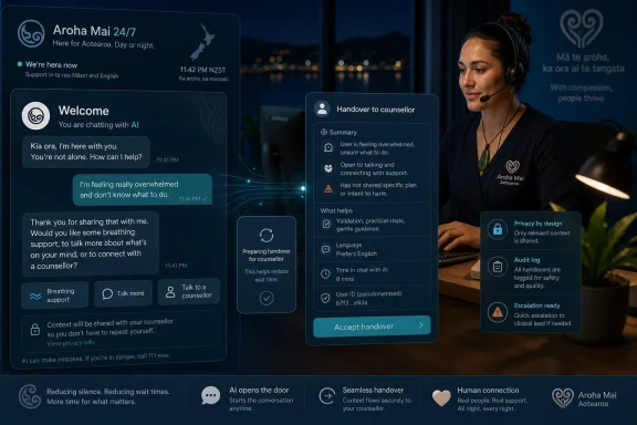 AI chat support interface shows “handover to counsellor” during an Aroha Mai Aotearoa support session.