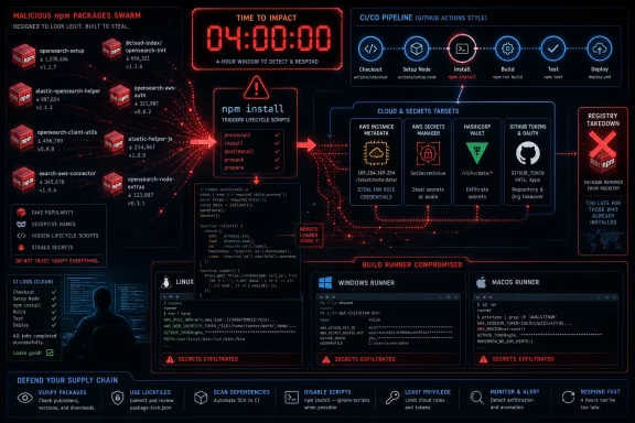 Infosec infographic showing a malicious npm package supply-chain attack in a CI/CD pipeline, stealing secrets and compromising runners.