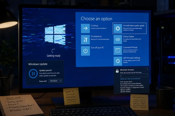 A laptop shows Windows recovery “Choose an option” while BitLocker recovery key prompts appear on screen.