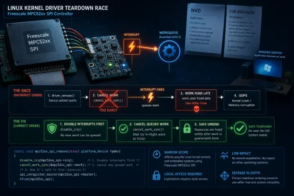 Infographic showing Linux kernel SPI driver teardown race on Freescale MPC52xxxx, interrupt/queue order bug and fix.