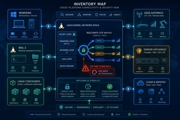 Inventory map infographic showing cross-platform connectivity and security across Windows, Linux, containers, gateways, and cloud.