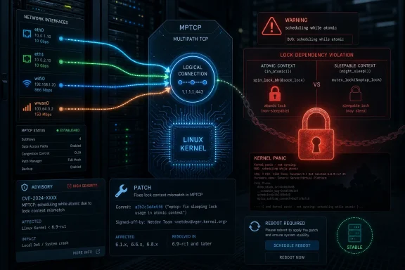 Digital dashboard shows a Linux kernel MPCTP warning, lock dependency violation, and required reboot patch.
