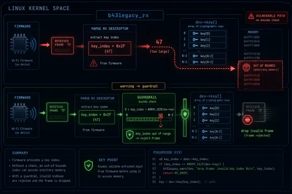 Diagram showing a Linux kernel exploit path where a Wi‑Fi firmware key index lacks bounds checking, causing out‑of‑bounds memory access.