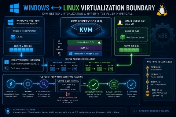 Diagram showing the Windows↔Linux virtualization boundary with nested KVM/Hyper-V TLB flush flow and security timeline.