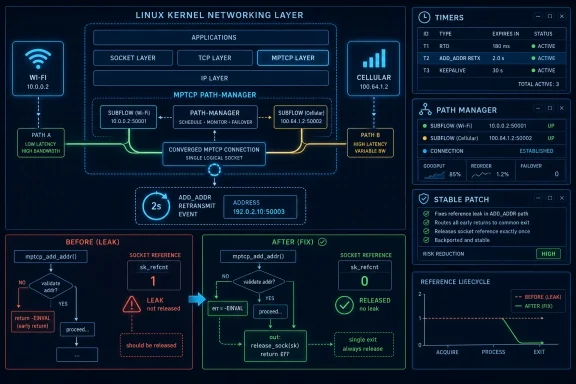 Diagram of Linux kernel MPTCP networking layer with path manager, timers, and a “stable patch” leak fix.