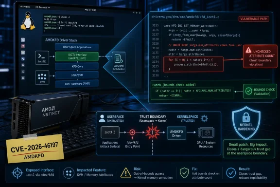 Cybersecurity graphic showing a CVE-2026-46197 AMD KFD driver ioclt() attribute count trust-boundary bug.
