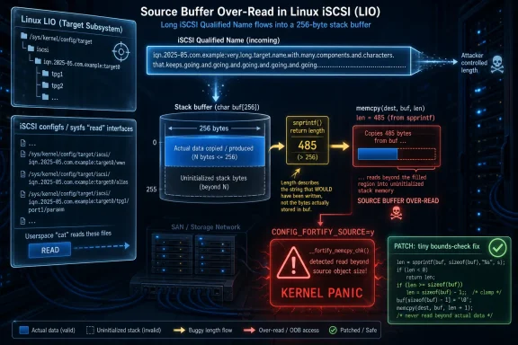 Infographic showing Linux LIO iSCSI LIO source buffer over-read leading to kernel panic and a bounds-check patch fix.