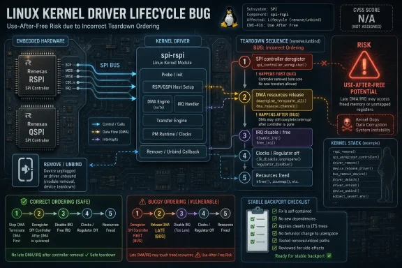 Infographic showing a Linux SPI driver teardown lifecycle bug causing use-after-free risk in kernel module removal.