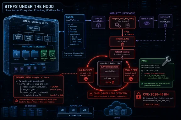 Diagram of btrfs filesystem plumbing failure path showing kobject lifecycle, double-free bug, and CVE-2026-46164.