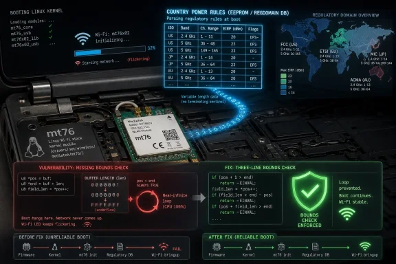 Laptop boot screen shows Linux kernel Wi‑Fi module mt76 loading with regulatory rules and a bounds-check fix.