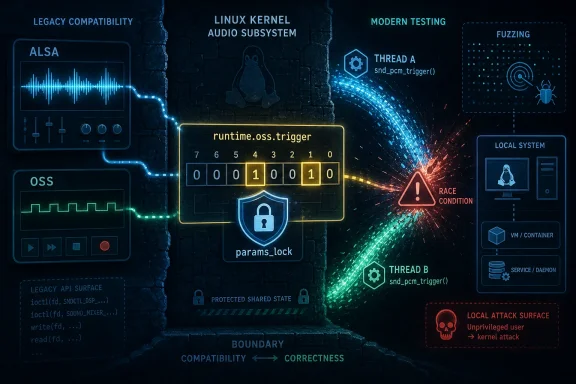 Futuristic diagram of Linux audio kernel threads, locking, race condition, fuzzing, and local attack surface.