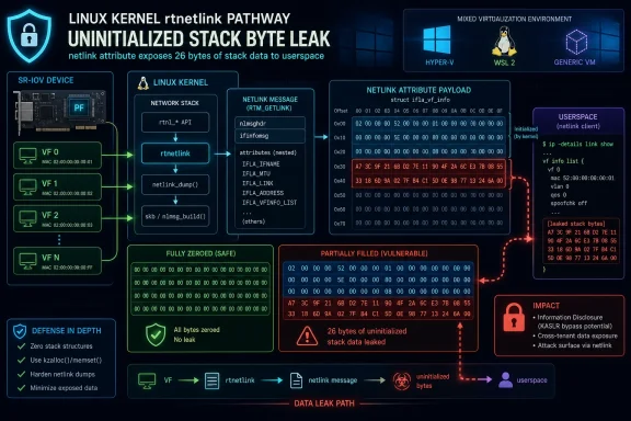 Diagram of a Linux kernel netlink uninitialized stack byte leak affecting user space data exposure.