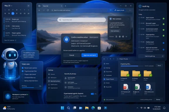 Screenshot of a secure AI workspace dashboard with calendar, audit log, and approval dialog over a desktop UI.