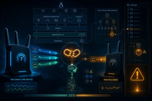 Futuristic Wi‑Fi 7 network diagram shows multi-link devices switching between MLD and non‑MLD modes.