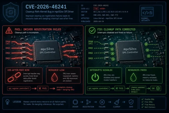 Security infographic showing a Linux SPI driver bug: failed cleanup causes resource leaks, while corrected cleanup disables IRQs and frees memory.