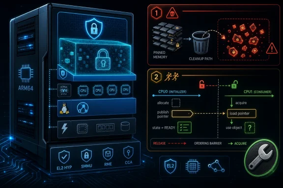 Futuristic diagram of secure ARM64 CPU memory management with pinned memory and cache cleanup flow.