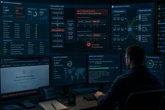 Cybersecurity dashboard shows Linux kernel race condition and patch status, with a person monitoring alerts on screens.