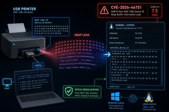 Diagram showing a USB printer “heap leak” exploit exposing IEEE 1284 device IDs via kernel/sysfs.
