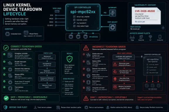 Infographic showing correct vs incorrect Linux SPI kernel device teardown order and related vulnerability advisory.