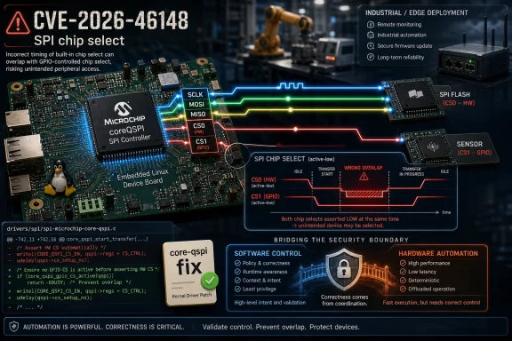 Security alert shows SPI chip-select overlap causing unintended device selection on an embedded Linux board.