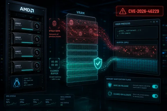 Futuristic GPU memory-sanitization dashboard showing VRAM clearing and security warning CVE-2026-46229.