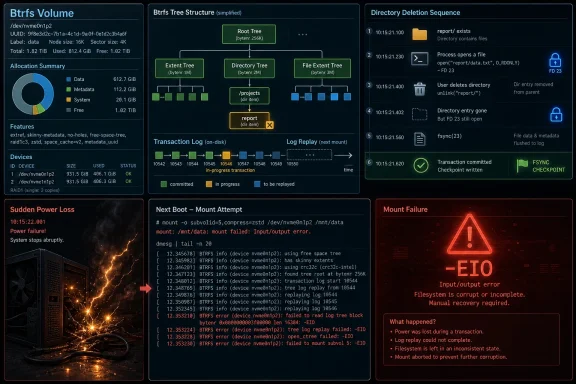 Dashboard illustrating btrfs volume recovery after sudden power loss, ending in an EIO mount failure I/O error.
