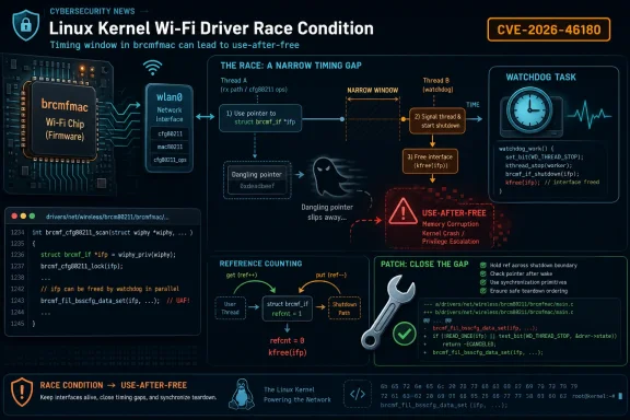 Infographic about a Linux brcm80211 Wi‑Fi driver race condition causing a use-after-free (CVE-2026-46180).