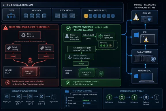Flowchart illustrating a BTRFS double-free vulnerability and a safe ownership/lifecycle fix across systems.